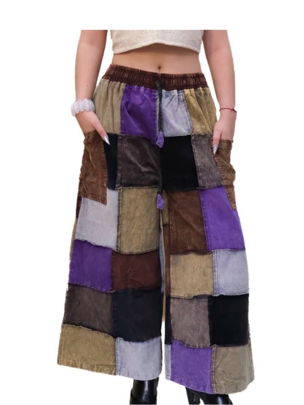 Boho Patchwork Wide Leg Pants in Purple & Earth Tones